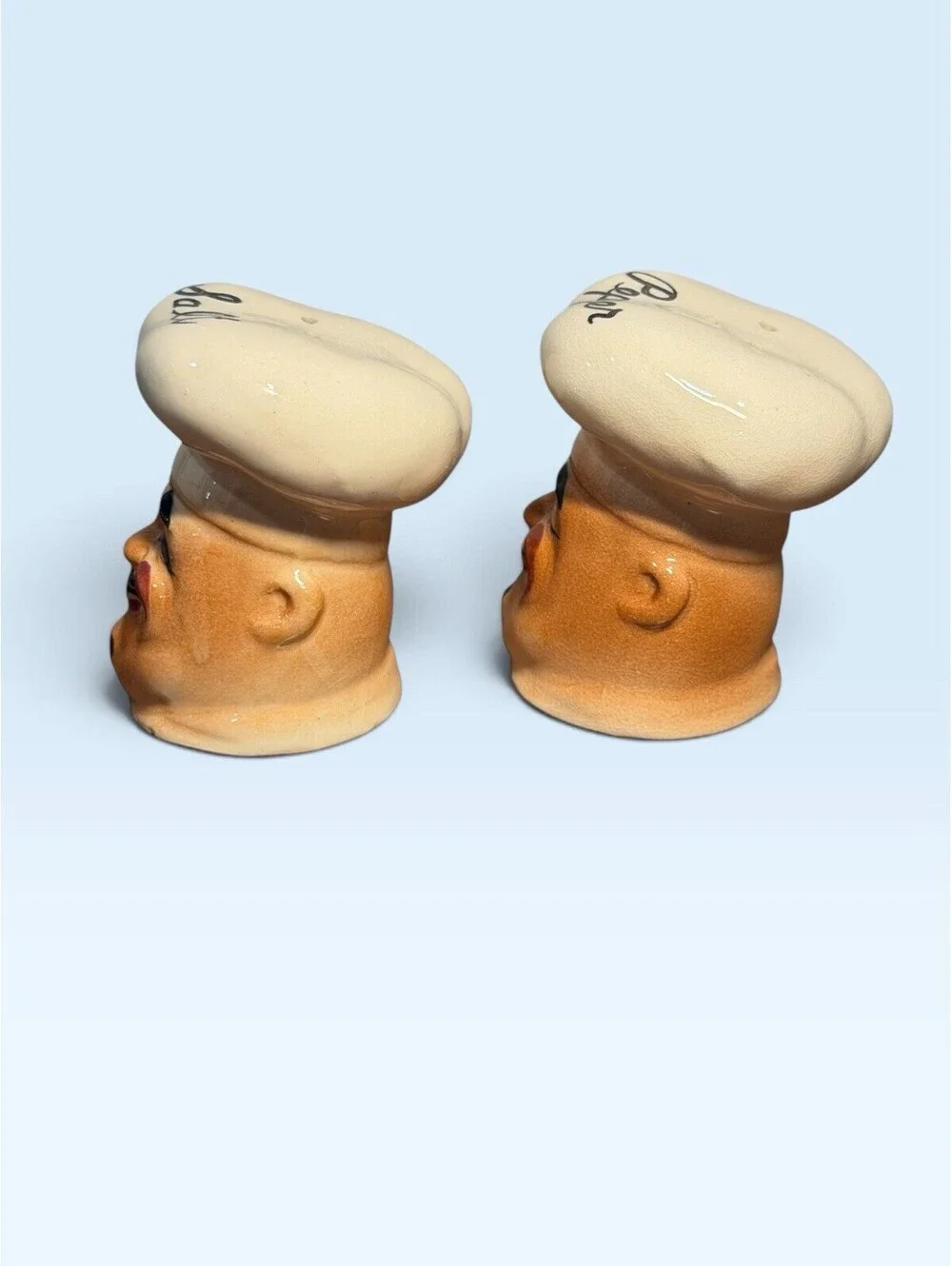 Vtg 50’s Chef Jolly Cook Salt & Pepper Shakers Range Set Toque Hat Japan Trinket